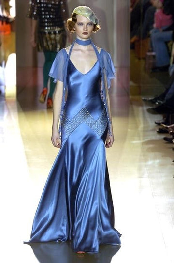 Blue Mermaid V Neck Beaded Satin Prom Dress Party Dress HZ1023